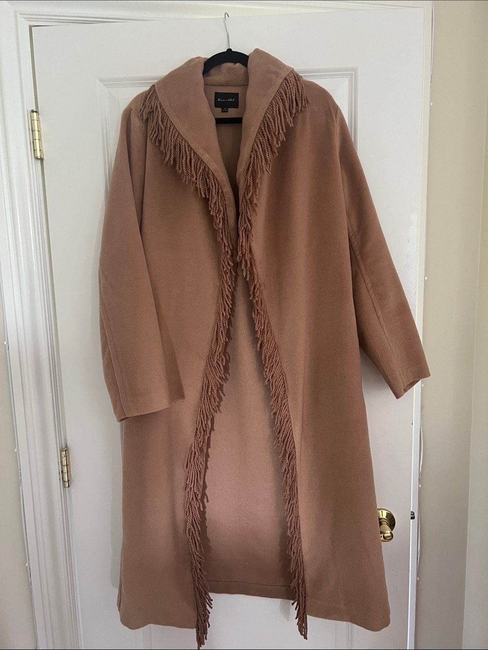 Fringed Open-Front Camel Coat